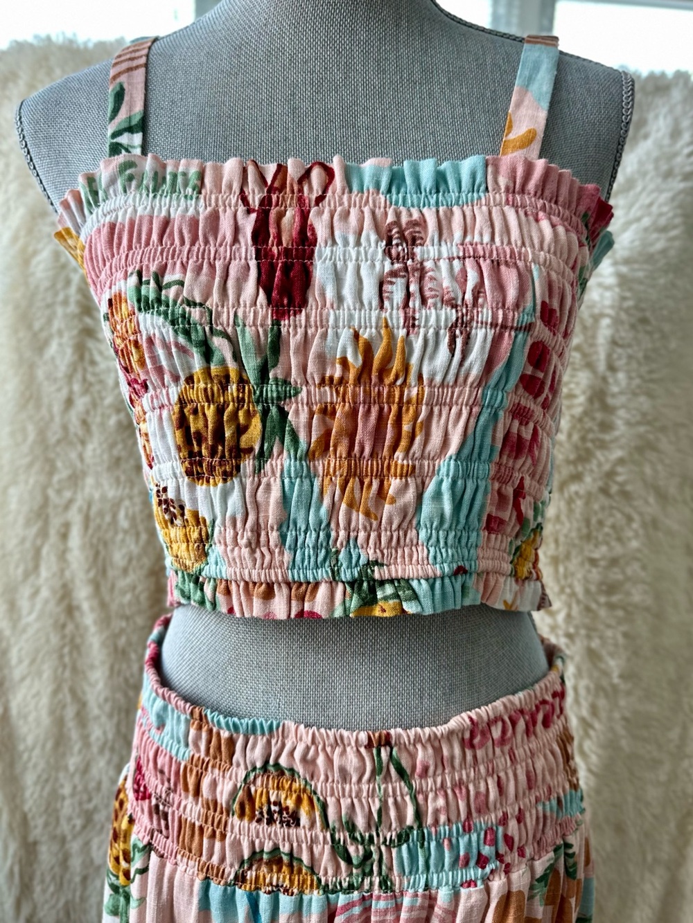 PAPER HEART Linen Blend Smocked Crop Top & Maxi Skirt Set | Sz XL